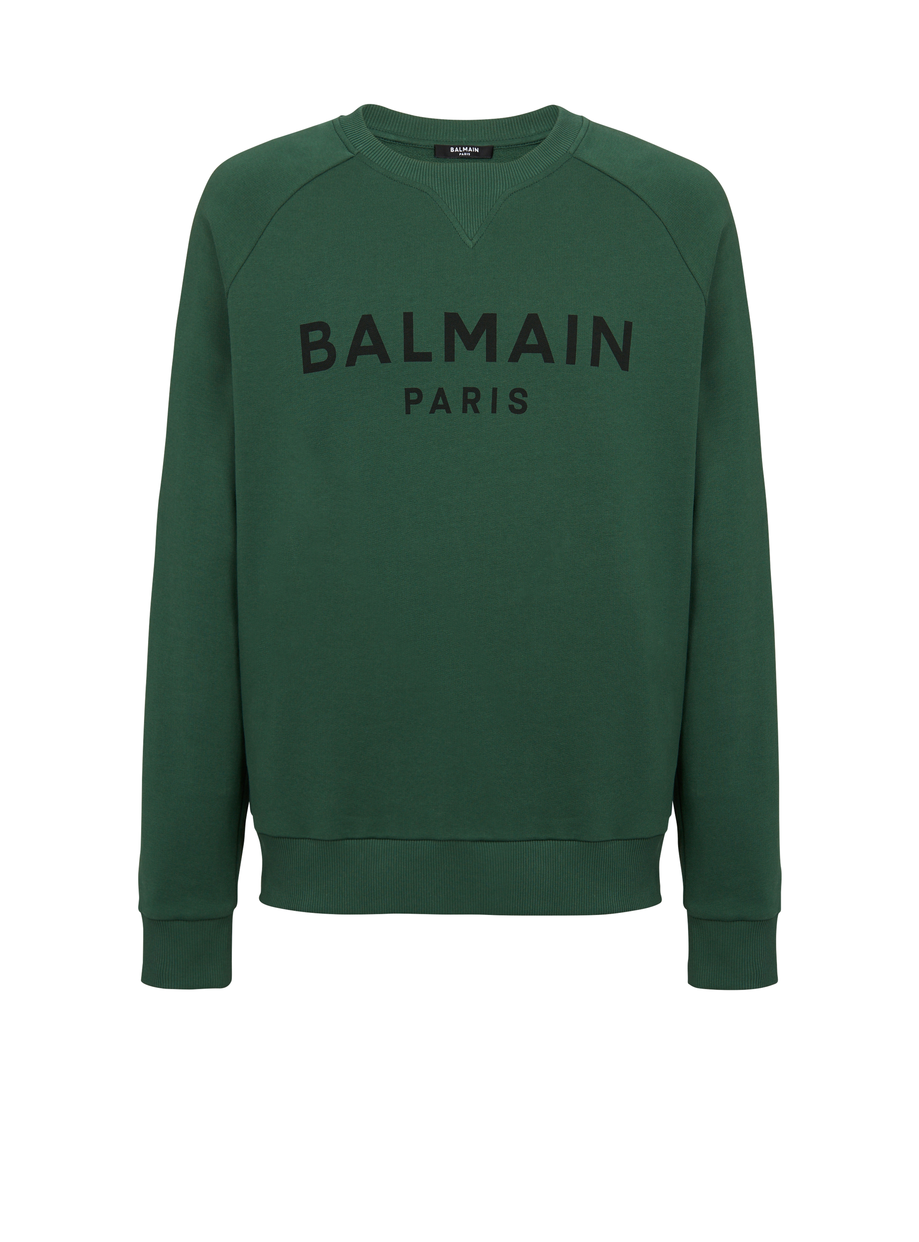 Eco-designed cotton sweatshirt with Balmain Paris metallic logo print, green