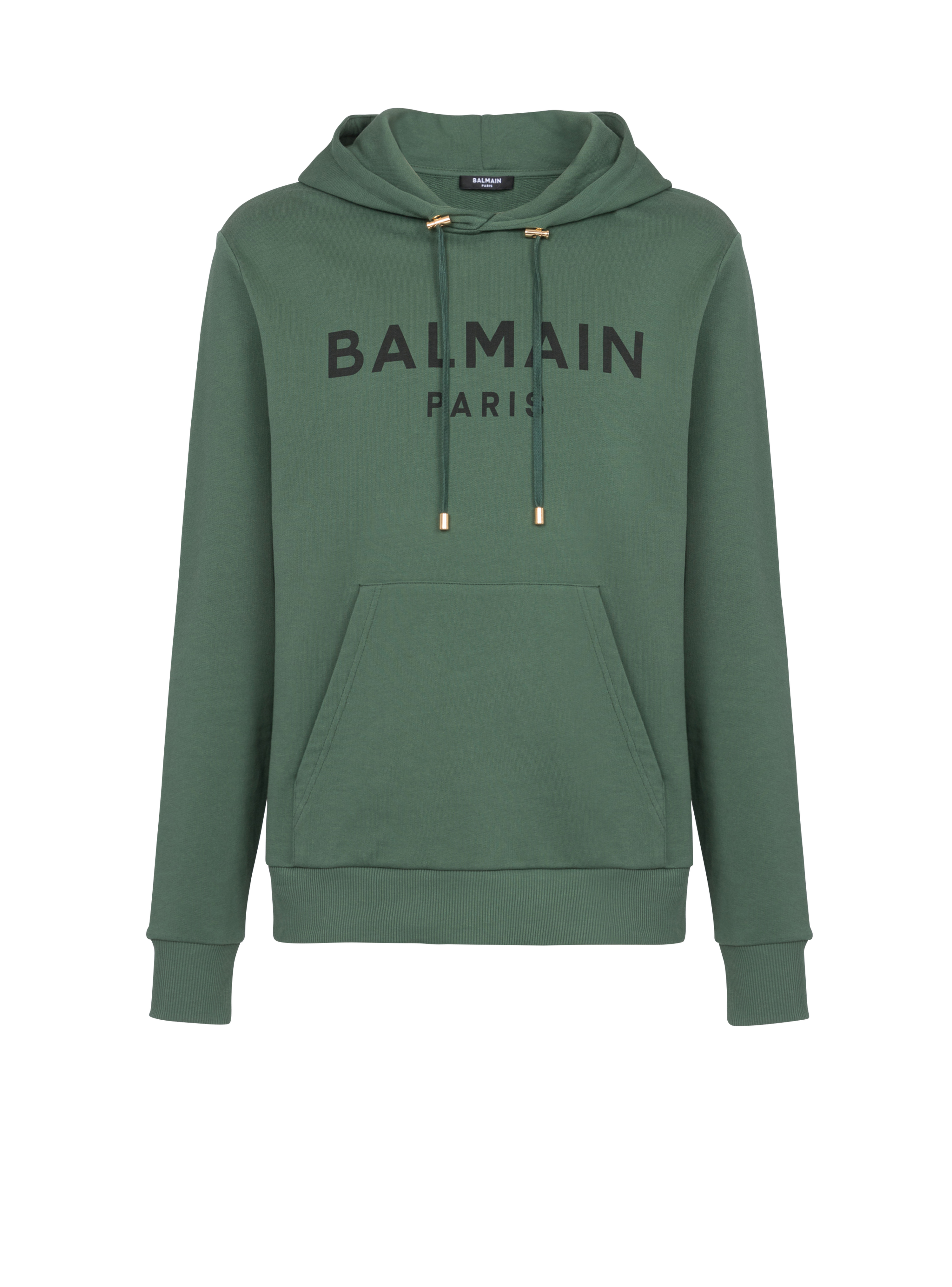 Hooded cotton sweatshirt with Balmain Paris logo print, green