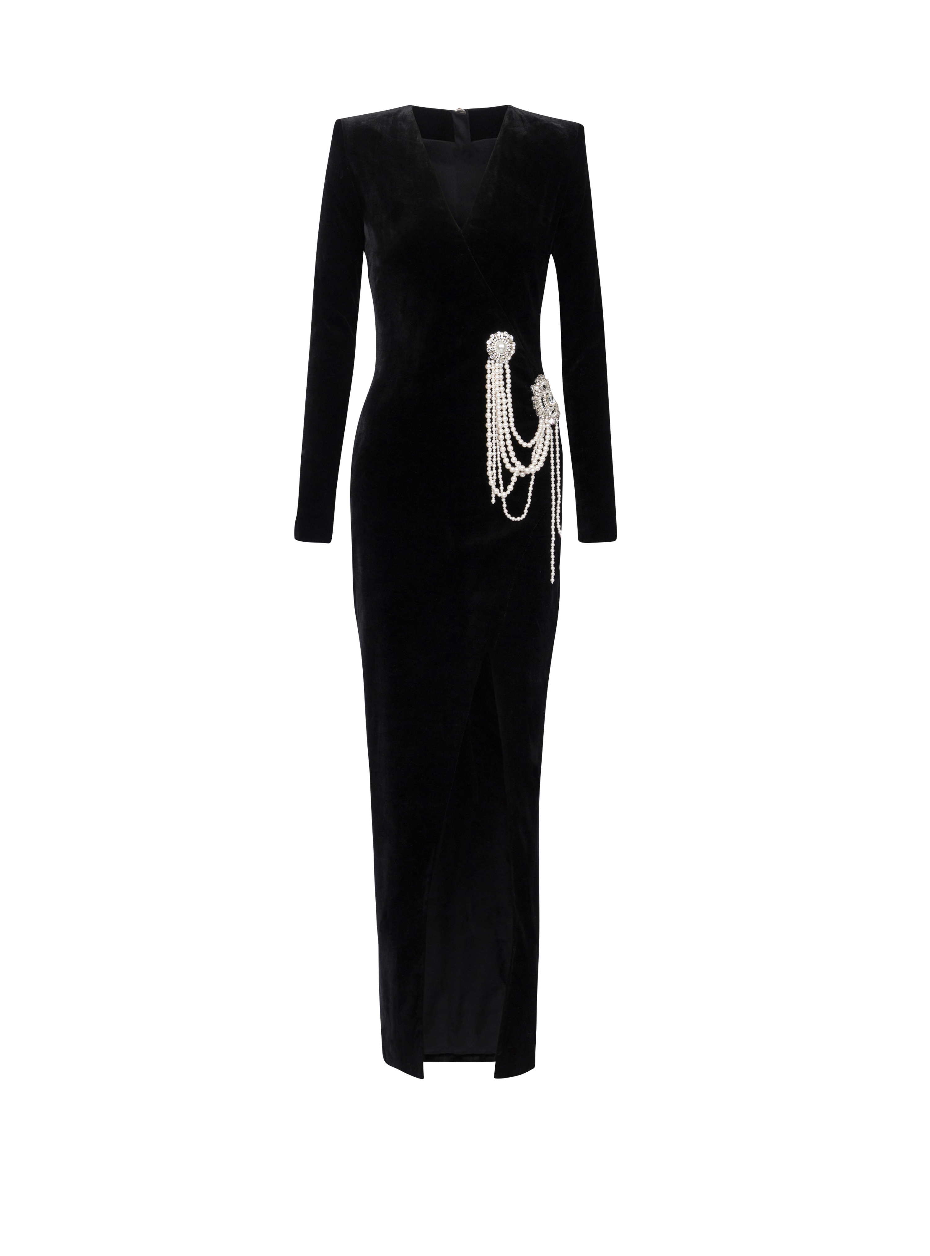 Long velvet dress with embroidery, black