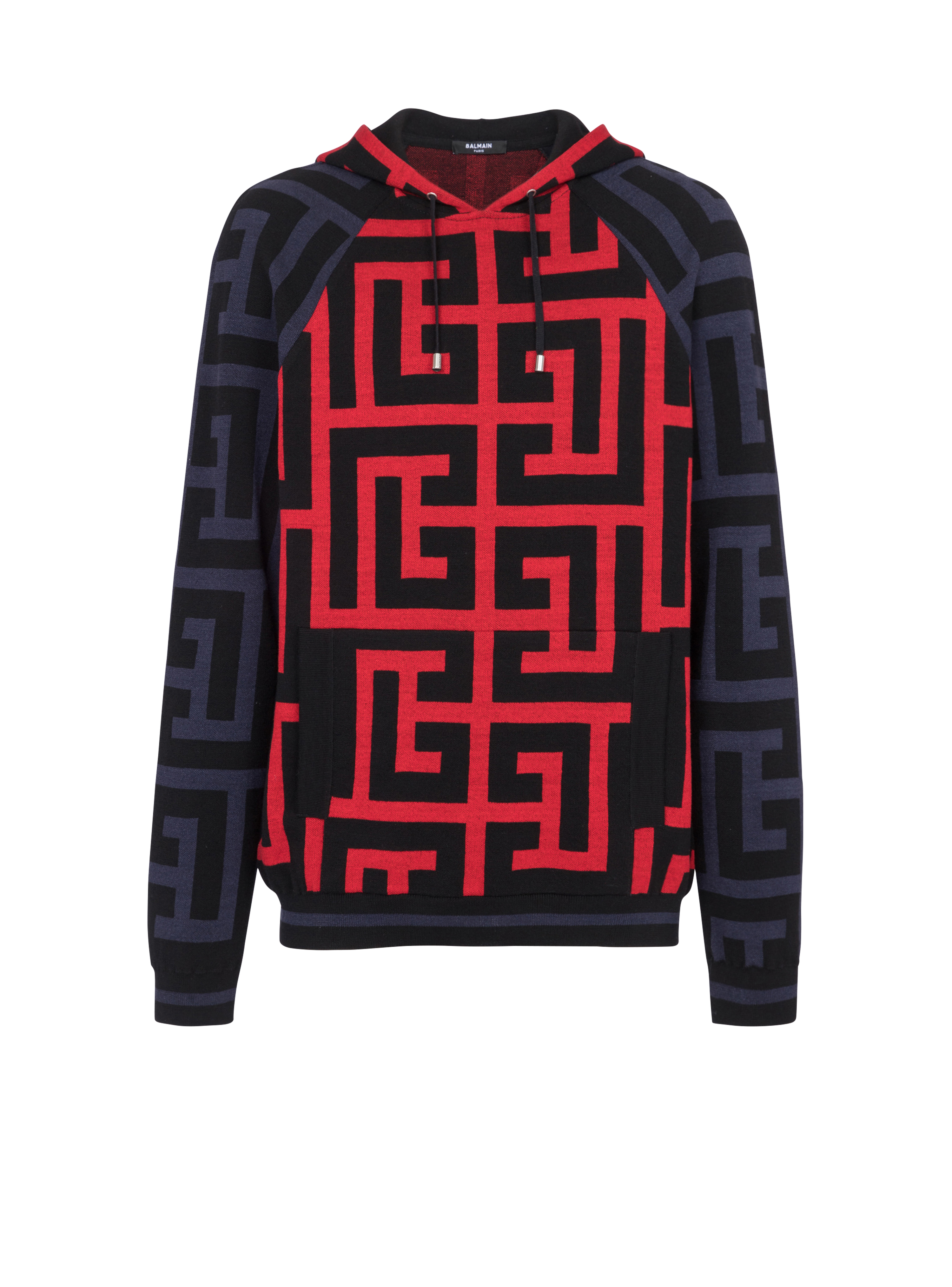 Hooded wool sweatshirt with maxi Balmain monogram print, red