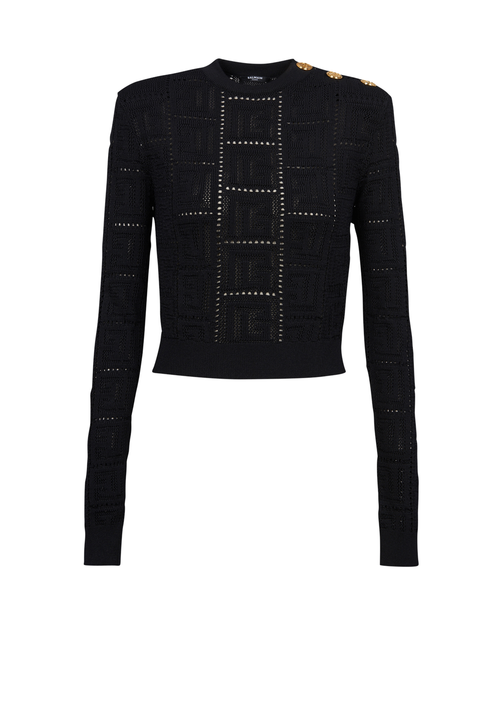 Cropped eco-designed sweater with Balmain monogram, black, hi-res