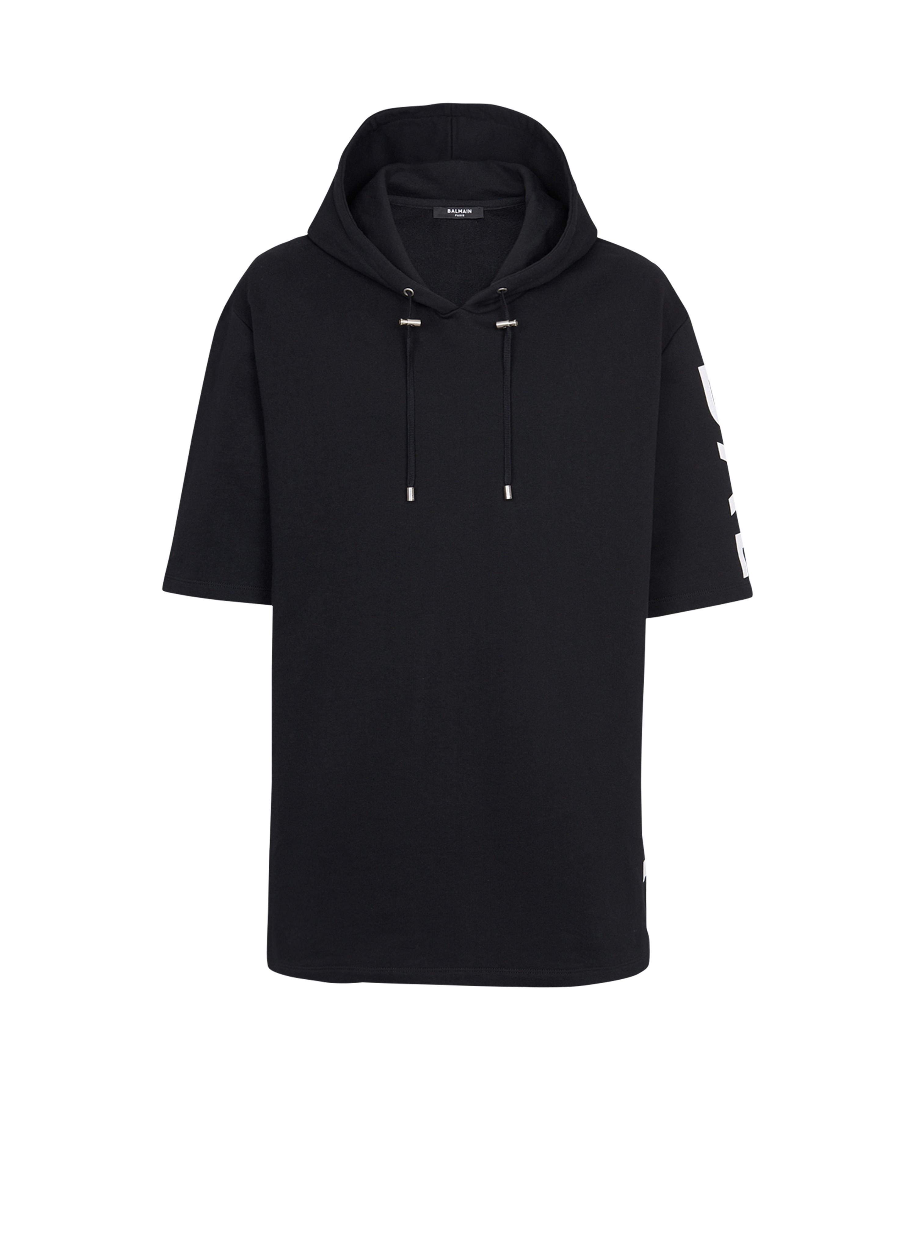 Oversized eco-designed cotton hooded sweatshirt with Balmain logo print, black