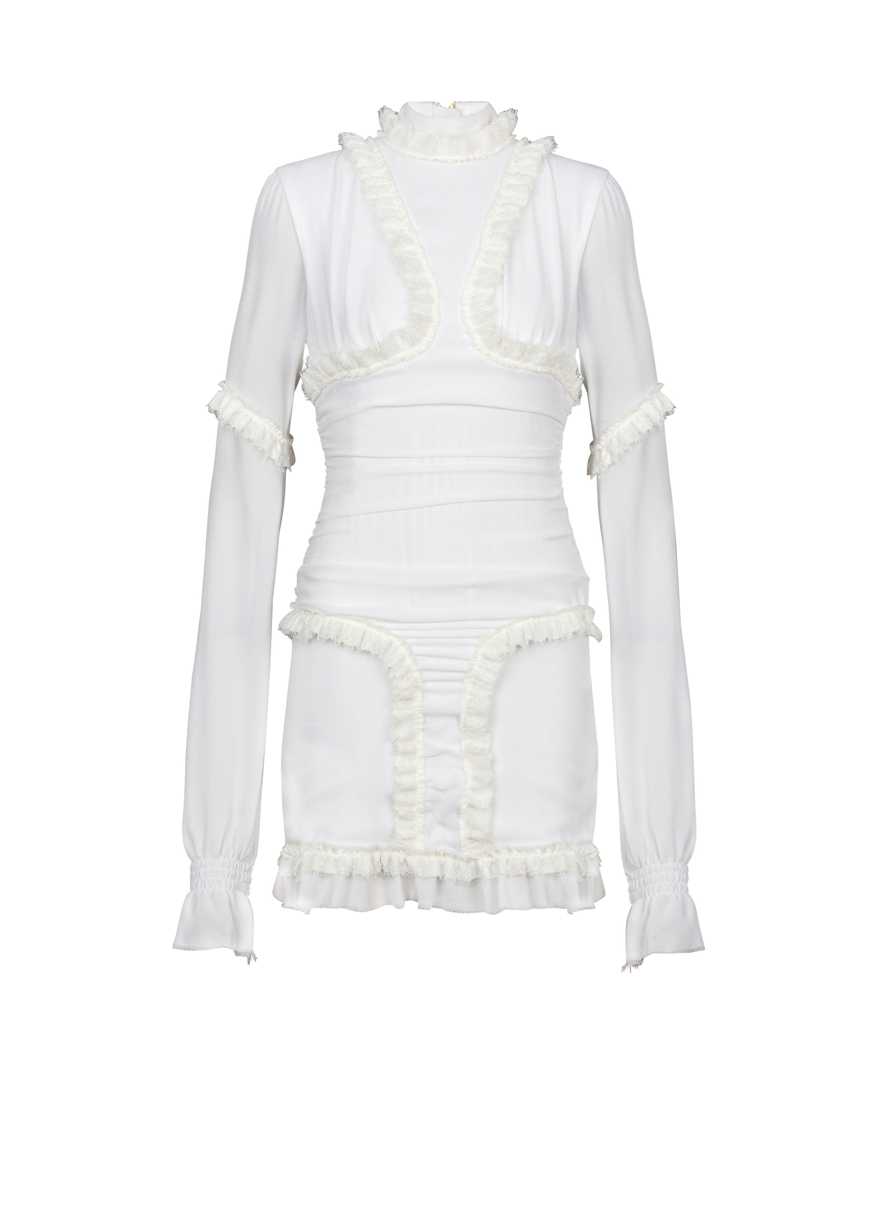 Draped short silk dress with ruffles, white